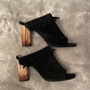 Wittner suede fringed black mules with tortoiseshell heel. Size 41 (10)
